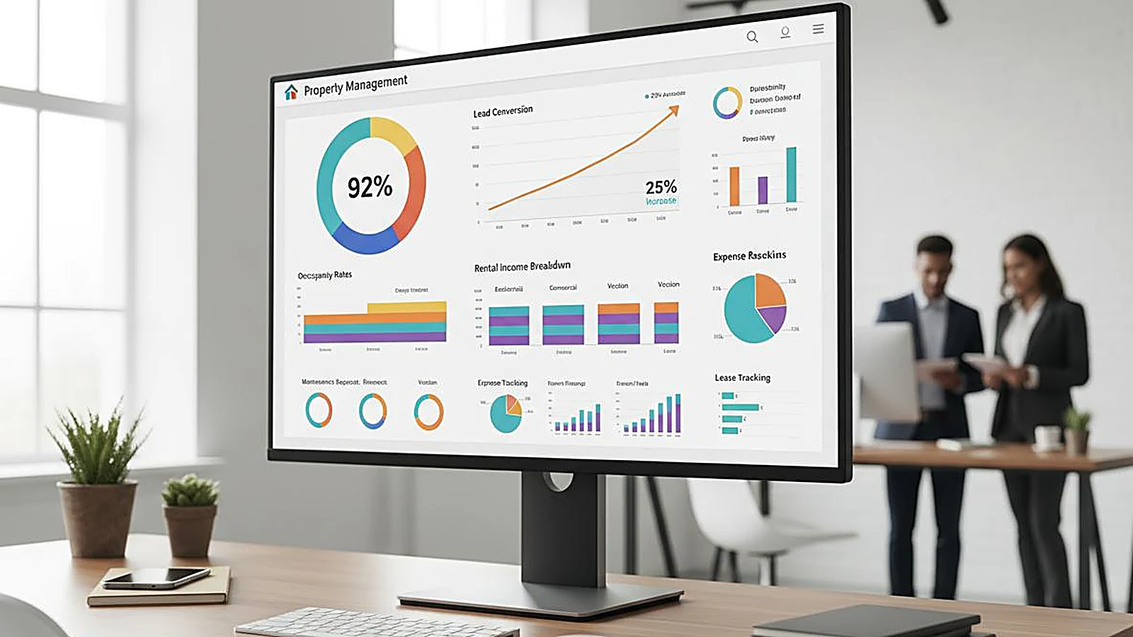 A dual-monitor remote workspace showing property dashboards and analytics